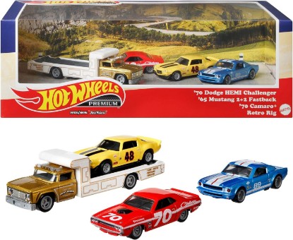 Picture of Hot Wheels Premium Collector Set Includes 70 Dodge Challenger Hemi, 65 Mustang 2+2 Fastback, 70 Camaro and Retro Rig