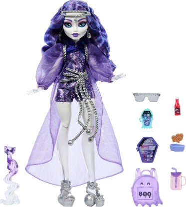 Picture of Monster High Spectra Vondergeist Doll | Ghost in Purple Clothes, Includes Pet Ferret Rhuen, 7 Accessories like Backpack, Tablet, Snacks and More (Amazon Exclusive)