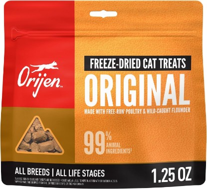 Picture of ORIJEN Freeze Dried Cat Treats Grain Free Original 1.25oz Bag | 99% Animal Ingredients, Freeze Dried, Grain Free, High Protein, Wild-Caught Fish, Free-Run Poultry, 1 Calorie Each
