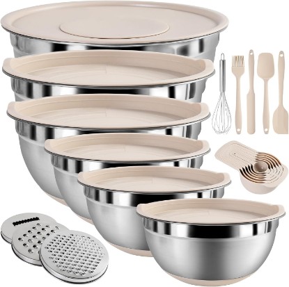 Picture of Mixing Bowls with Airtight Lids Set, 20 PCS Kitchen Gadgets Set, 6 Stainless Steel Bowls,3 Grater Attachments,Non-Slip Silicone Bottoms,Great for Serving&Baking,Size 5, 4, 3.5, 2.1, 1.5, 1.1QT (Khaki)