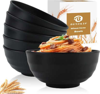 Picture of 60oz Wheat Straw Bowls, Large Salad Bowls Set of 6 (Black) | Unbreakable Ramen Bowl, Microwave & Dishwasher Safe Large Plastic Bowls for Kitchen, Big Bowl for Eating, Soup & Popcorn Bowl