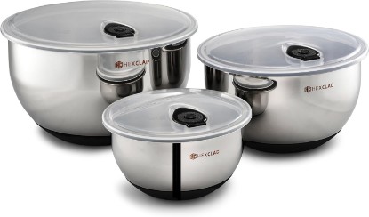 Picture of HexClad 3 Piece Stainless Steel Mixing Bowl Set with Vacuum Seal Lids | Non-Slip Base, 1.3 ,3 and 5 Quarts