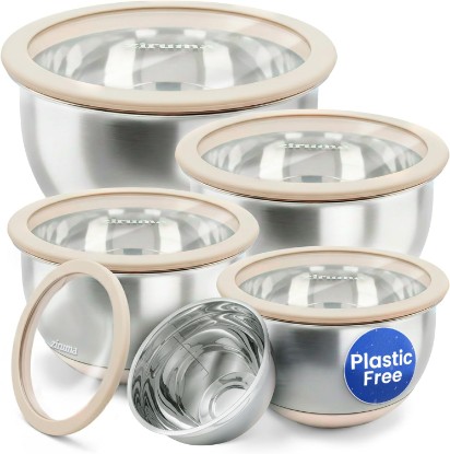 Picture of Non-Toxic Stainless Steel Mixing Bowls, Glass Lids, Plastic Free, 5-Pcs | LFGB platinum silicone seal. Keeps food fresh longer. Airtight. Non-slip silicone base. Dishwasher safe. Measurement marks.