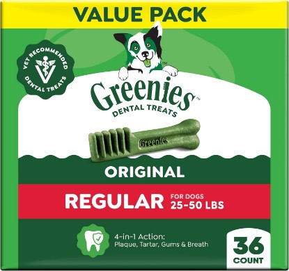 Picture of Greenies Regular Dental Dog Treats, Original Chicken Flavor, 36 Count | Vet-recommended, cleaner teeth after 28 days, cleans to gumline, for dogs 25-50 lbs, original chicken flavor
