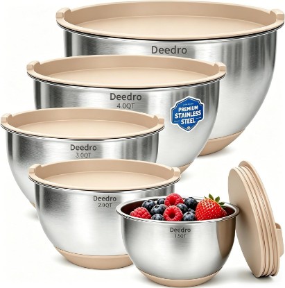 Picture of Deedro Mixing Bowls with Airtight Lids, Stainless Steel Mixing Bowls Set | 22Pcs Nesting Bowls with Non-Slip Silicone Base, thicker Metal Bowls for Baking & Prepping, 1.5/2/3/4/5 QT, Khaki
