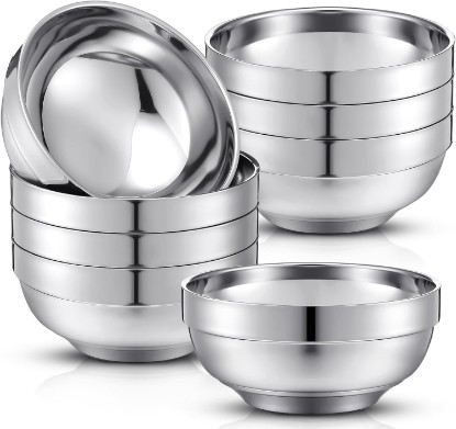 Picture of Funnymoom 8 Pack 24 oz Stainless Steel Insulated Bowls, Double Walled | 304 Grade Nesting Bowls for Soup Rice Cereal, Stackable Design Saves Space, Dishwasher Safe Rust Resistant Metal Serving