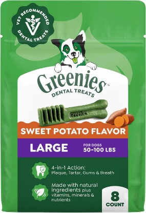 Picture of Greenies Large Natural Dental Dog Treats, Sweet Potato Flavor, 8 Count | Veterinarian-recommended, cleaner teeth after 28 days, freshens breath, for dogs 50-100 lbs, 36 oz. Pack