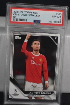 Picture of CRISTIANO RONALDO 2021-22 Topps UEFA Champions League #100 SP IMAGE Photo VARIATION Short Print Soccer Card PSA Graded NM-Mint 8 Al Hilal Portugal