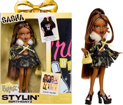 Picture of Bratz Stylin’ Birthdayz Sasha Fashion Doll with Customizable T-Shirt for You and Accessories