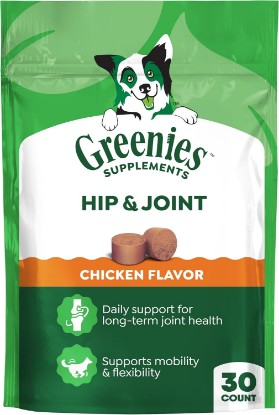 Picture of Greenies Supplements Hip & Joint Soft Dog Chews, Chicken Flavor, 30 Count | 500 mg Glucosamine, 400 mg Chondroitin, NASC Quality Seal, formulated by Ph.D. nutritionists, made in USA