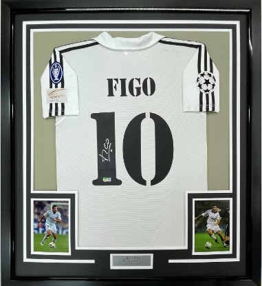 Picture of Framed Autographed/Signed Luis Figo 35x39 Real Madrid White Soccer Jersey Beckett BAS COA