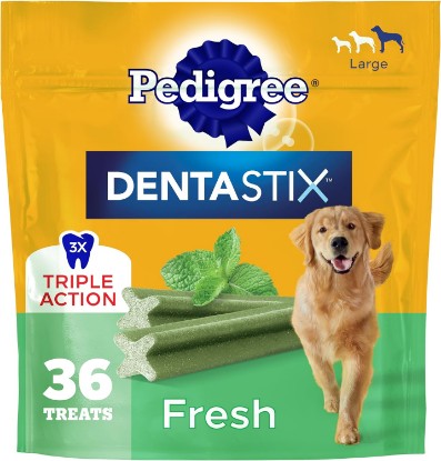 Picture of Pedigree Dentastix Large Breed Dental Dog Treats, Fresh, 36 Count | Triple action dental care, reduces tartar, cleans teeth, freshens breath, for dogs 40+ lbs, no added sugar/fillers