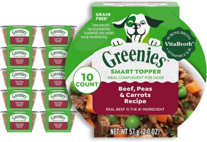 Picture of Greenies Smart Topper Wet Dog Food Complement, Beef, 2 oz, 10 ct | Grain-free, Beef, peas & carrots in bone broth, Vitamin E & B1, no artificial flavors or fillers, use as topper or snack