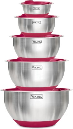 Picture of Viking Mixing Bowls Set, 10 Piece Stainless Steel Kitchen Cookware, Non-Slip Silicone Base, Includes Tight Fit Lids, Dishwasher Safe, Red