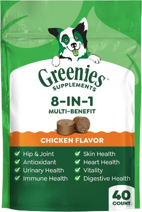 Picture of Greenies Supplements 8-in-1 Multi-Benefit Soft Dog Chews, Chicken, 40 Count | Hip & joint, digestive, skin, immune, heart, urinary health, real chicken, no artificial flavors, made in USA, 7.76 oz. Pouch
