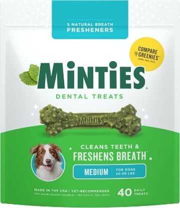 Picture of Minties Dental Chews for Dogs, 40 Count, Vet-Recommended Mint-Flavored Dental Dog Treats for Medium Dogs, Bones Clean Teeth, Fight Bad Breath, and Removes Plaque and Tartar