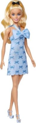 Picture of Barbie Fashionistas Doll #237 with Wavy Blonde Ponytail Wearing Blue Bow Halter Dress, Black Hair Bow Accessory and Matching Blue Heels | Blue Bow Halter Dress, Black Hair Bow Accessory, Matching Blue Heels