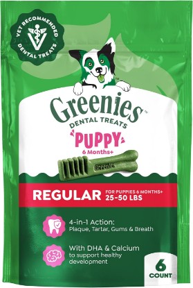 Picture of Greenies Puppy Regular Natural Dental Dog Treats, Original Flavor, 6 Count | Vet-recommended, clinically-proven, for puppies 6 months+, cleans to gumline, DHA & calcium, puppy dog treats, dogs 25-50 lbs