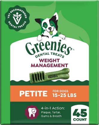 Picture of Greenies Weight Management Petite Size Natural Dental Dog Treats, 45 Count | Veterinarian-recommended, clinically-proven, cleaner teeth after 28 days, low fat, for dogs 15-25 lbs