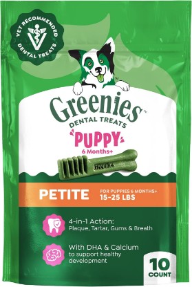 Picture of Greenies Petite Natural Dental Puppy Treats, Original Flavor, 10 Count | Vet-recommended, clinically-proven, for puppies 6 months+, cleans to gumline, DHA & calcium, puppy dog treats, dogs 15-25 lbs