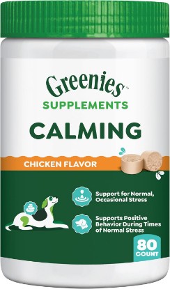 Picture of Greenies Supplements Calming Chews for Dogs, Chicken Flavor, 80 Count | L-Tryptophan & L-Theanine, supports positive behavior, made in USA, NASC Quality Seal, real chicken, no fillers