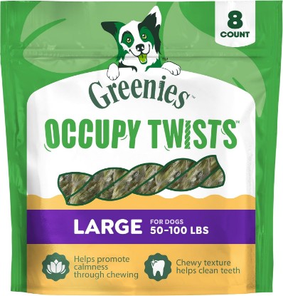 Picture of Greenies Occupy Twists Large Breed Dog Treats, Chicken Flavor, 8 Count | For dogs 50-100 lbs, promotes calmness through chewing, rawhide-free, helps clean teeth & healthy gums, 17.1 oz. Pack