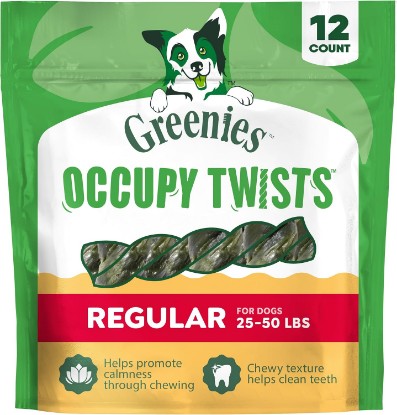 Picture of Greenies Occupy Twists Regular Breed Dog Treats, Chicken Flavor, 12 Count | For dogs 25-50 lbs, rawhide-free, promotes calmness through chewing, helps clean teeth and gums, 17.2 oz. Pack