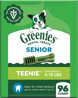 Picture of Greenies Senior Teenie Size Adult Natural Dental Dog Treats, 96 Count | Vet-recommended, controls plaque & tartar, easy to chew, for dogs 7+ weighing 5-15 lb, chicken flavor, 27 oz. Pack