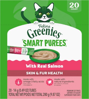 Picture of Greenies Feline Smart Purees Skin & Fur Health Lickable Cat Treats with Real Salmon, 0.49 oz. Tubes, 20 Count