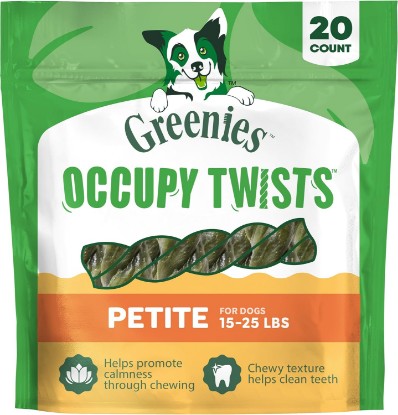 Picture of Greenies Occupy Twists Petite Breed Dog Treats, Chicken Flavor, 20 Count | Petite breed (15-25 lbs), rawhide-free, helps clean teeth, promotes calmness, no artificial flavors, 17.5 oz. Pack