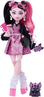 Picture of Monster High Doll, Draculaura in Pink Bow Dress and Black Cardigan with Pet Bat Count Fabulous and 7 Accessories Like Ramen, Lipstick and Purse