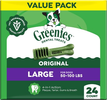 Picture of Greenies Large Natural Dental Dog Treats, Original Flavor, 24 Count | Veterinarian-recommended, cleaner teeth after 28 days, clean to gumline, for dogs 50-100 lbs, original chicken flavor