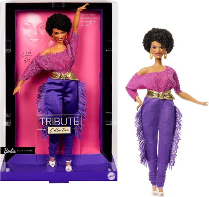 Picture of Barbie Signature Doll, Debbie Allen Tribute Collection Posable Doll with Off-Shoulder Top, Gold Belt, and Purple Fringe Pants with Leg Warmers
