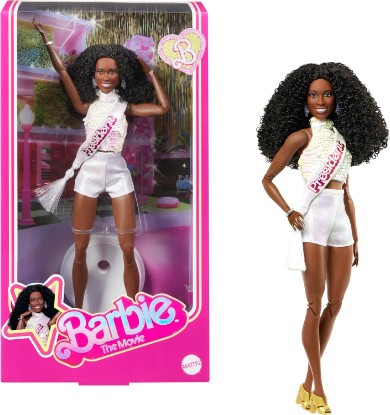 Picture of Barbie The Movie President Collectible Doll, ISSA Rae as President Wearing Shimmery White Blouse & Short Set, with Dark Curly Hair & President Sash