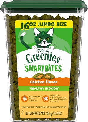 Picture of Greenies Feline Smartbites Healthy Indoor Cat Treats, Chicken, 16 oz | Veterinarian-recommended, Fiberblend Formula, supports digestion, under 2 cal per treat, natural ingredients, dual texture