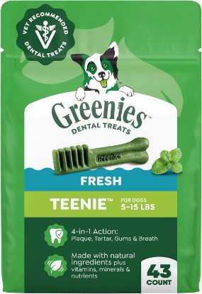 Picture of Greenies Teenie Natural Dental Dog Treats, Fresh Mint Flavor, 43 Count | Veterinarian-recommended, cleaner teeth after 28 days, cleans to gumline, for dogs 5-15 lbs, 12 oz pack