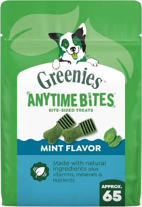 Picture of Greenies Anytime Bites Dog Treats, Mint Flavor, 10.3 oz | Small-sized for frequent treating, 13 calories per treat, easy to digest, natural ingredients, vitamins & minerals