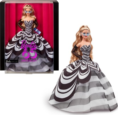 Picture of Barbie Signature Doll, 65th Anniversary Collectible with Blonde Hair, Black & White Gown, Sapphire Gem Earrings & Sunglasses