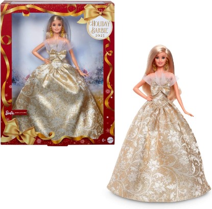 Picture of Barbie Signature Doll, 2025 Holiday Blonde Fashion Doll Wearing Silver & Gold Gown, Seasonal Collector Doll in Displayable Packaging & Doll Stand