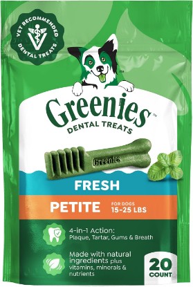 Picture of Greenies Petite Natural Dental Dog Treats, Fresh Mint Flavor, 20 Count | Veterinarian-recommended, cleaner teeth after 28 days, cleans to gumline, for dogs 15-25 lbs, 12 oz pack