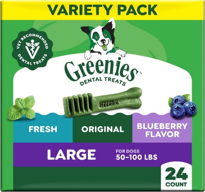 Picture of Greenies Large Dental Dog Treats, Mint, Original, & Blueberry, 24 Count | Vet-recommended, Fresh, Original, Blueberry flavors, cleaner teeth in 28 days, for dogs 50-100 lbs, (3) 12 oz. packs