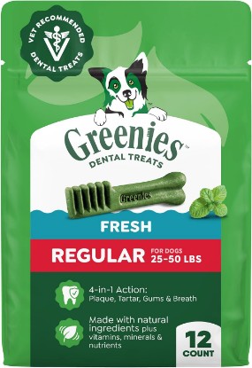 Picture of Greenies Regular Natural Dental Dog Treats, Fresh Mint Flavor, 12 Count | Veterinarian-recommended, cleaner teeth after 28 days, cleans to gumline, for dogs 25-50 lbs, 12 oz pack