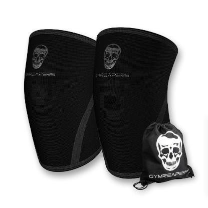 Picture of Gymreapers Knee Sleeves (1 Pair) with Gym Bag - IPF Approved - Support Compression Brace for Squats, Fitness, Weightlifting, Cross Training, Powerlifting - 7MM Neoprene Sleeves - For Men & Women (Black/Black, Large)