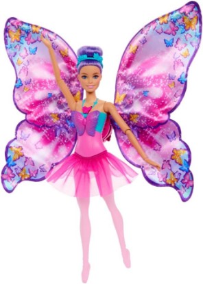 Picture of Barbie Dance and Flutter Doll with 2-in-1 Transformation from Dancer to Butterfly with Opening Wings, Purple Hair, Headpiece & Removable Tutu | Transforms from dancer to butterfly with opening wings, purple hair, floral headpiece & removable tutu.