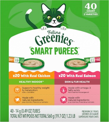 Picture of Greenies Feline Smart Purees Cat Treats, Indoor and Skin & Fur, 40 Count | Grain-free, Real chicken & salmon, no carrageenan, supports weight/metabolism & skin/fur health, hydrating, 0.49 oz. Tubes