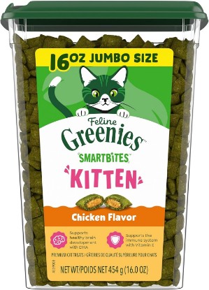 Picture of Greenies Feline Smartbites Kitten Treats, Chicken Flavor, 16 oz | DHA for brain development, supports immune system, under 2 cal/treat, no artificial flavors/preservatives, cat treats