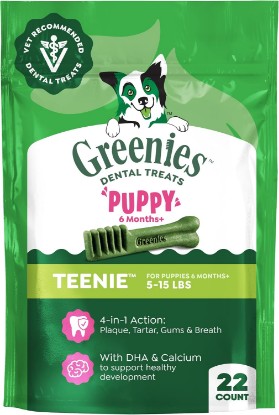 Picture of Greenies Puppy Teenie Natural Dental Dog Treats, Original Flavor, 22 Count | Vet-recommended, clinically-proven, for puppies 6 months+, cleans to gumline, DHA & calcium, puppy dog treats, dogs 5-15 lbs