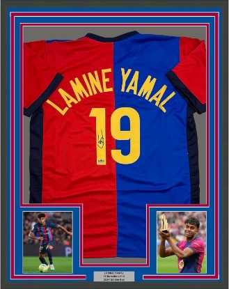 Picture of Framed Facsimile Autographed Lamine Yamal 35x39 FC Barcelona Blue/Red Reprint Laser Auto Soccer Jersey