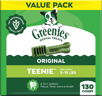 Picture of Greenies Teenie Original Natural Dental Dog Treats, Chicken, 130 Count | Vet-recommended, cleaner teeth after 28 days, cleans to gumline, for dogs 5-15 lbs, original chicken flavor
