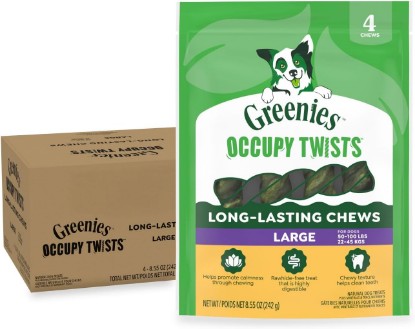 Picture of Greenies Occupy Twists Large Breed Dog Treats, Chicken Flavor, 16 Count | For dogs 50-100 lbs, rawhide-free, promotes calmness through chewing, helps clean teeth and gums, 34.2 oz. Pack